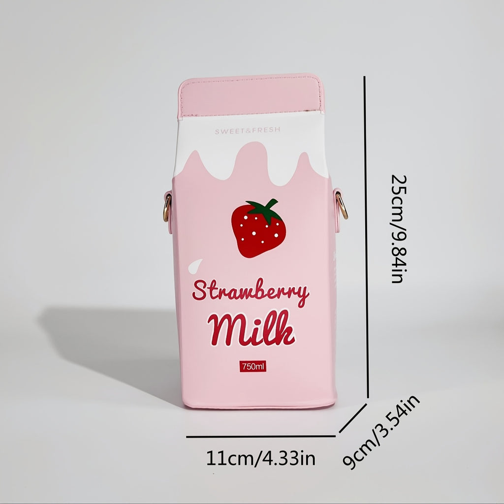 Women's Fashion Milk Carton-Shaped Letter and Cow Print Crossbody Bag with Adjustable Strap and Zipper Closure, Casual Commuter Satchel for Travel and Everyday Use - Strawberry Pattern Square Purse, Lightweight Handbag, Playf