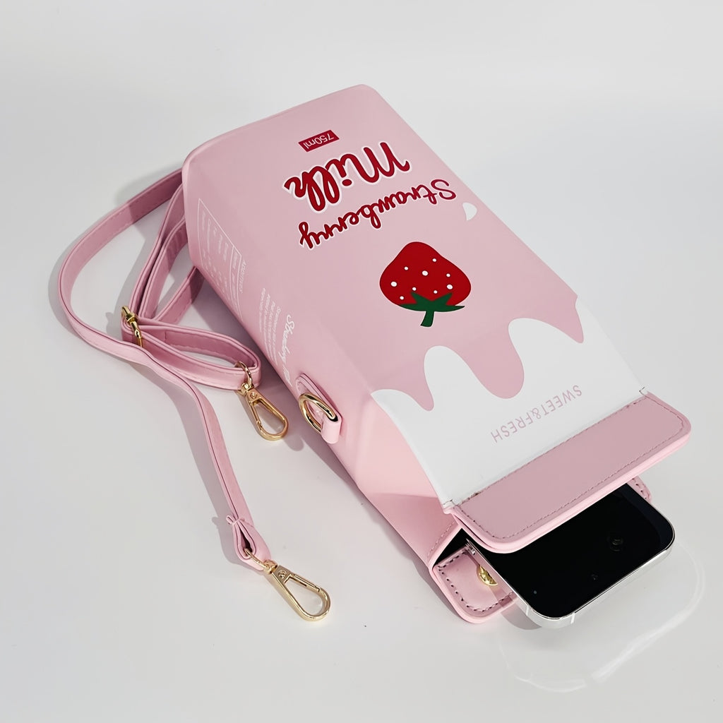 Women's Fashion Milk Carton-Shaped Letter and Cow Print Crossbody Bag with Adjustable Strap and Zipper Closure, Casual Commuter Satchel for Travel and Everyday Use - Strawberry Pattern Square Purse, Lightweight Handbag, Playf
