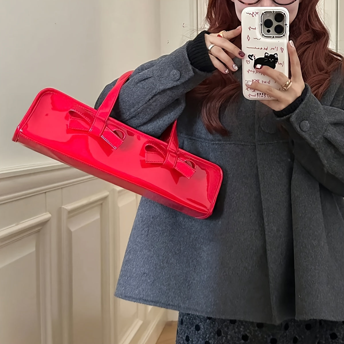 Glossy Bow-Adorned Handbag