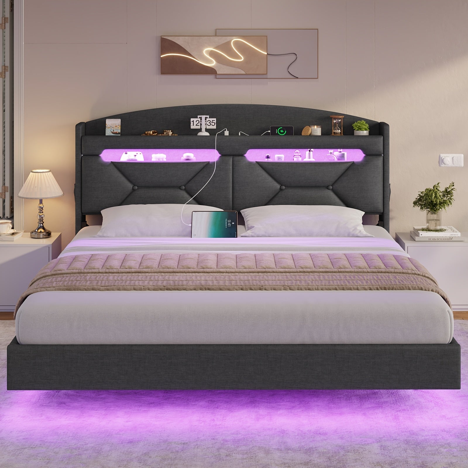 LED Bed Frame with USB Charging Station, Remote Control Floor Mounted Platform Bed with Storage Headboard