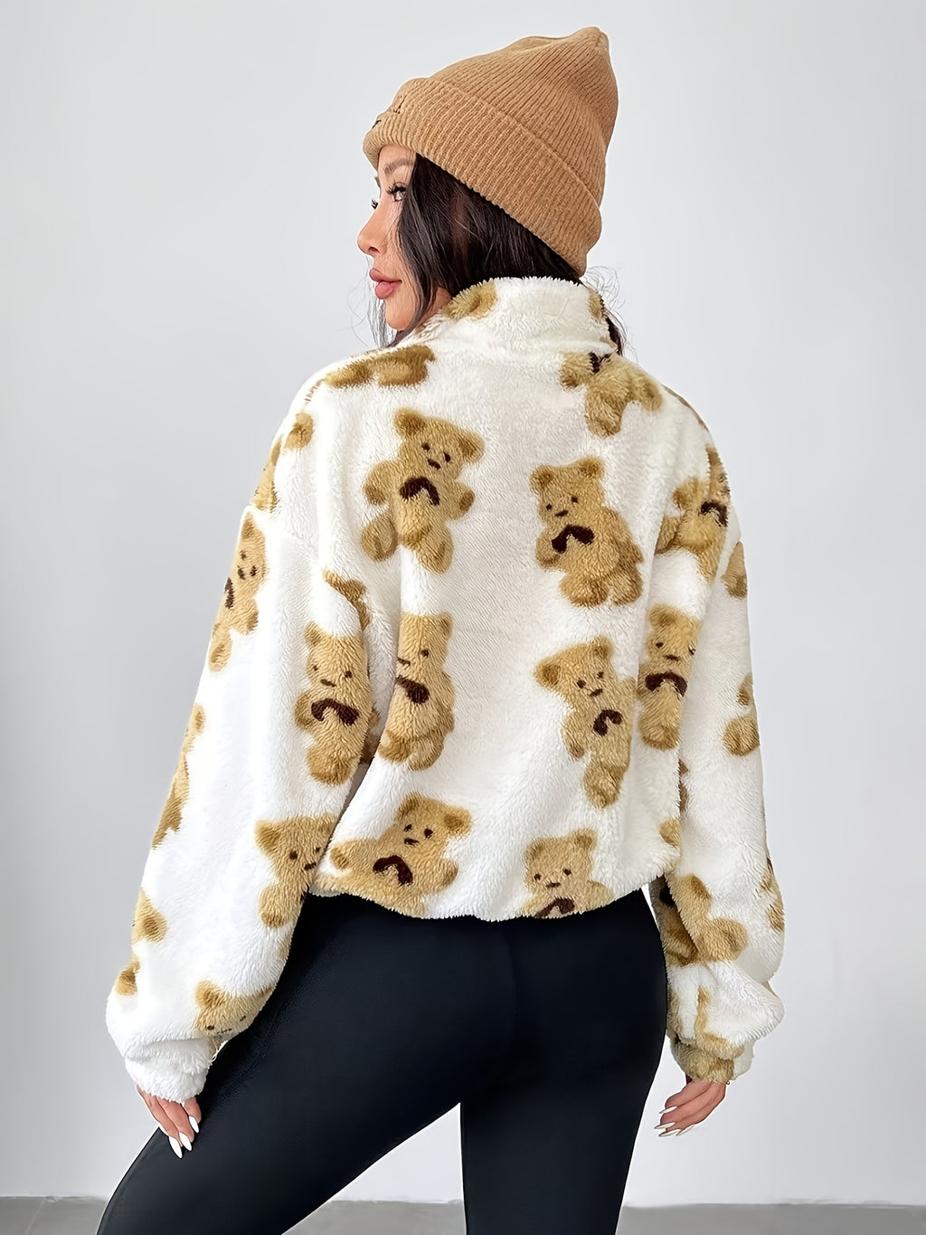 Women's Plush Teddy Bear Zipper Sweater - Cozy Plush Sweater with Half-Zip Front, & Brown Teddy Bear Design, All-Season Casual Winter Sweater for Women (Machine Washable) - Soft Long Sleeve Sweater for Layering & Standalone W