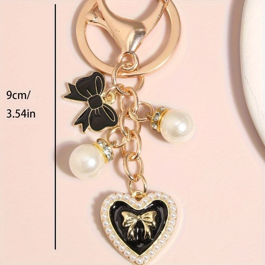 Butterfly Keychain with, Faux Pearls & Crystal Heart Charm