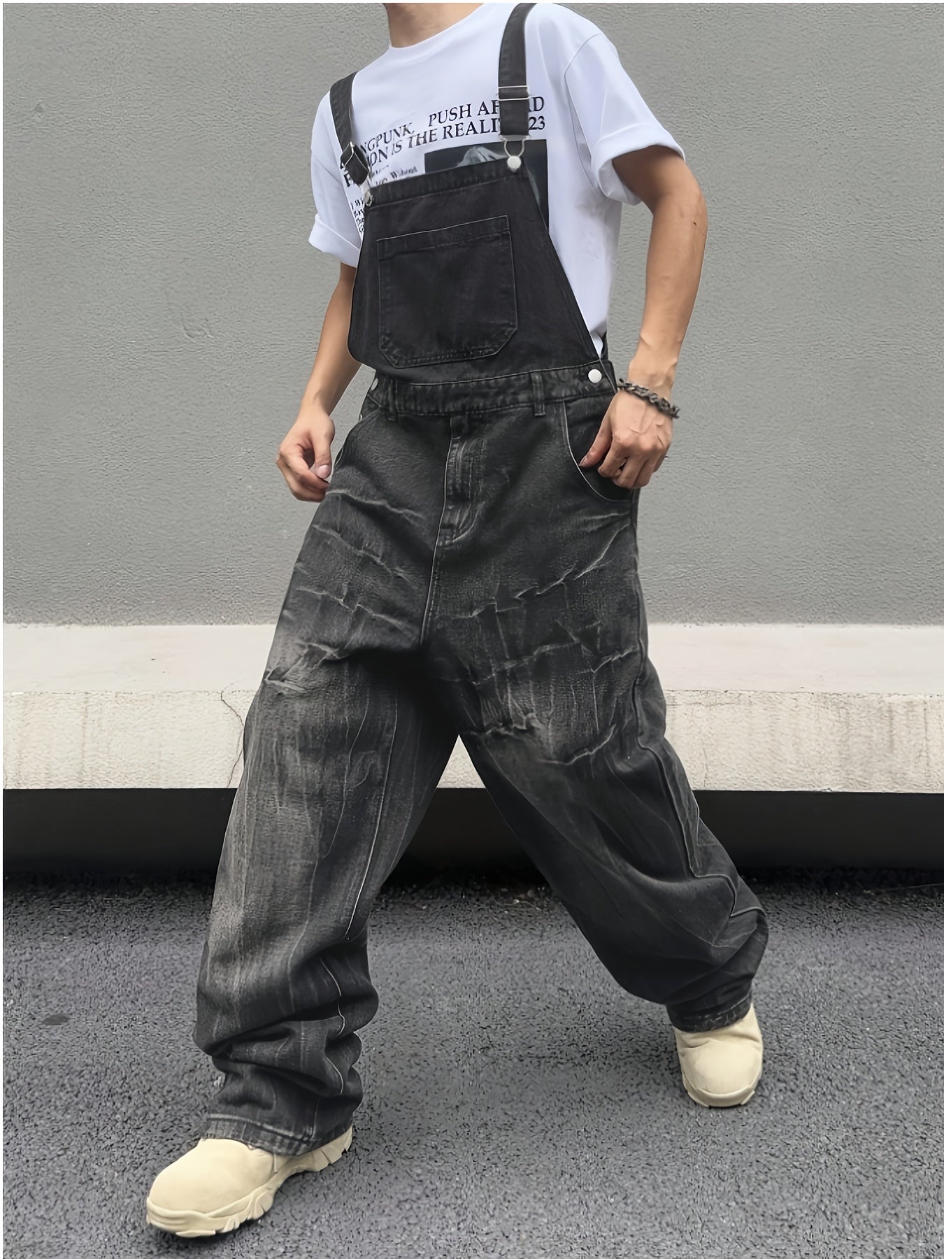 Heavy-Duty Distressed Denim Overalls Jumpsuit