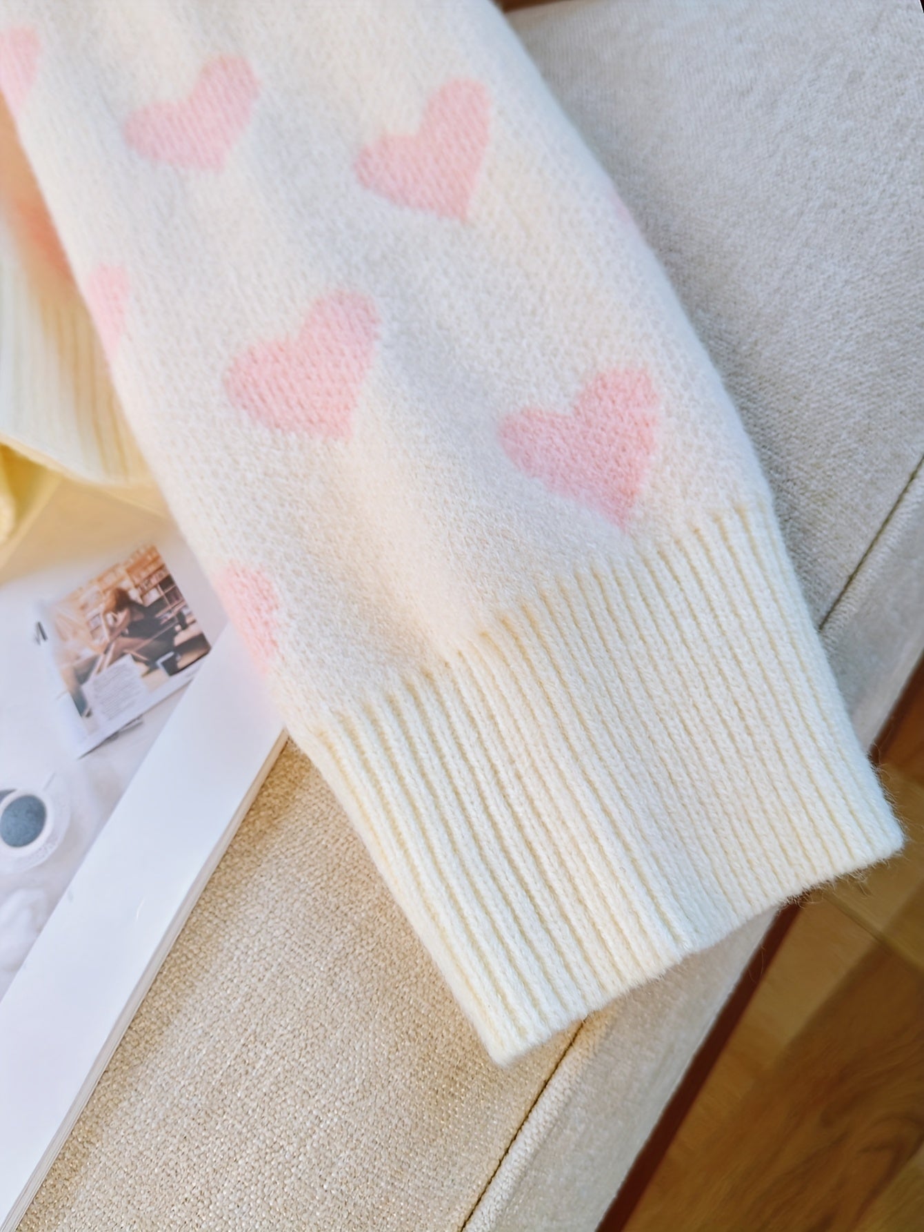 Women'S Pink Heart Sweater - Soft & Cozy Long Sleeve Pullover with Round Neck, Elegant Casual to Formal Wear, All-Season Comfort, Casual Wear Sweater | Round Neck Sweater | Soft Texture