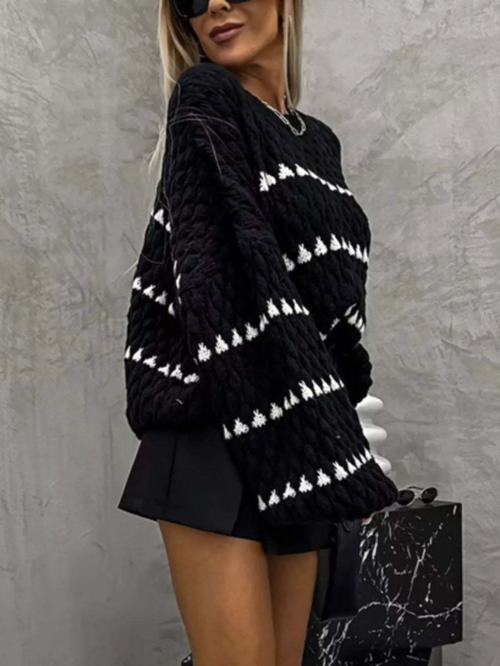 Chunky Knit Striped Sweater with Balloon Sleeves