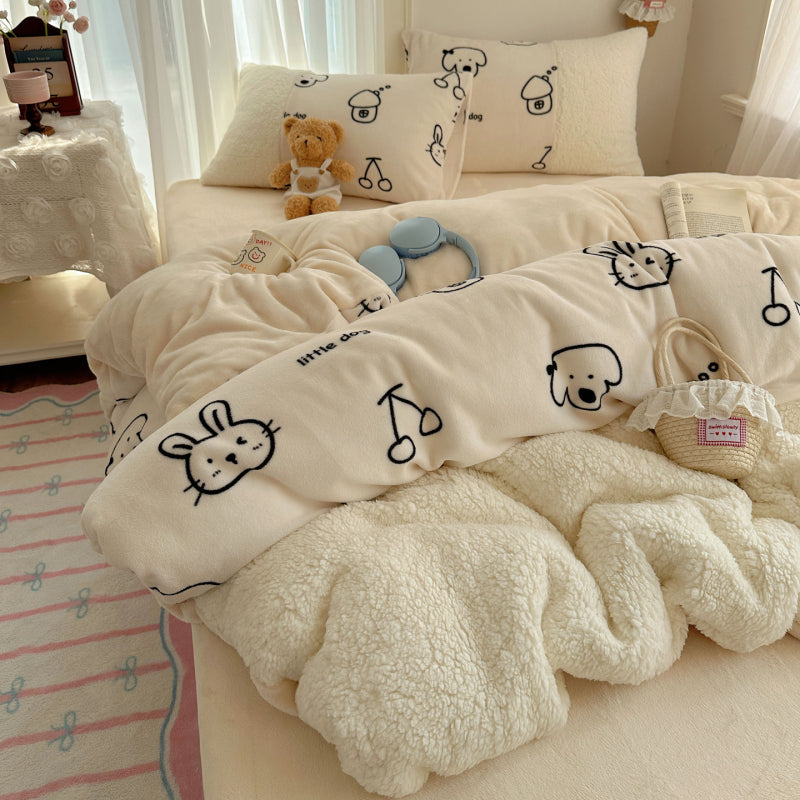 {3/4pcs} Cartoon Lambskin + Milk Velvet Set