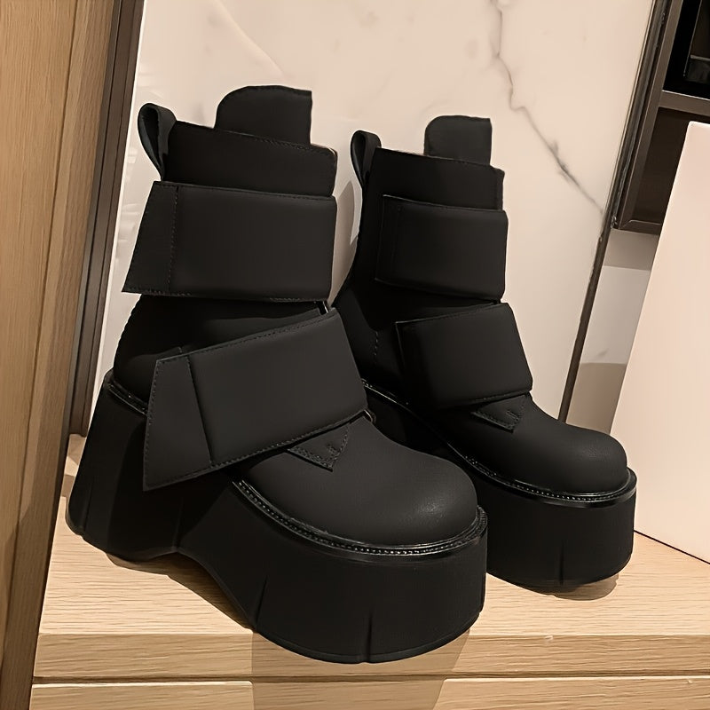 Women&Apos;S Black Platform Wedge Ankle Boots - Round Toe, Slip-Resistant, High Heel with Adjustable Strap & Sole, Fashionable Solid Color Design, Fashionable Footwear | Chic Ankle Boots | Rubber Sole Boot