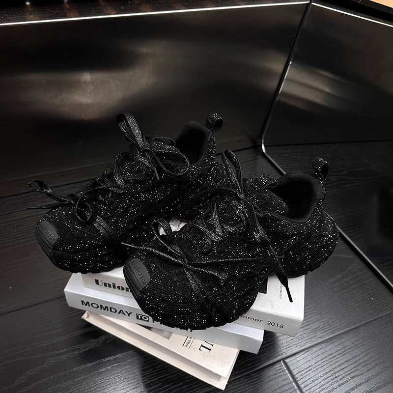 Rhinestone-Adorned Thick-Soled Dad Sneakers