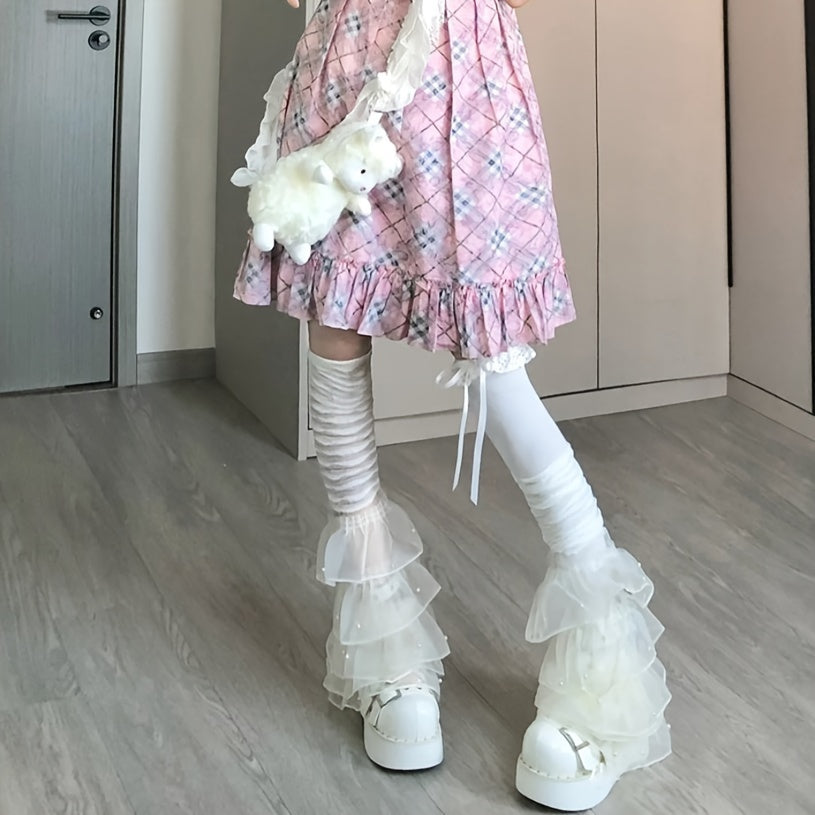 Pearl Embellished Multi-Layer Lace Sheer Ruffle Over the Knee Leg Warmers