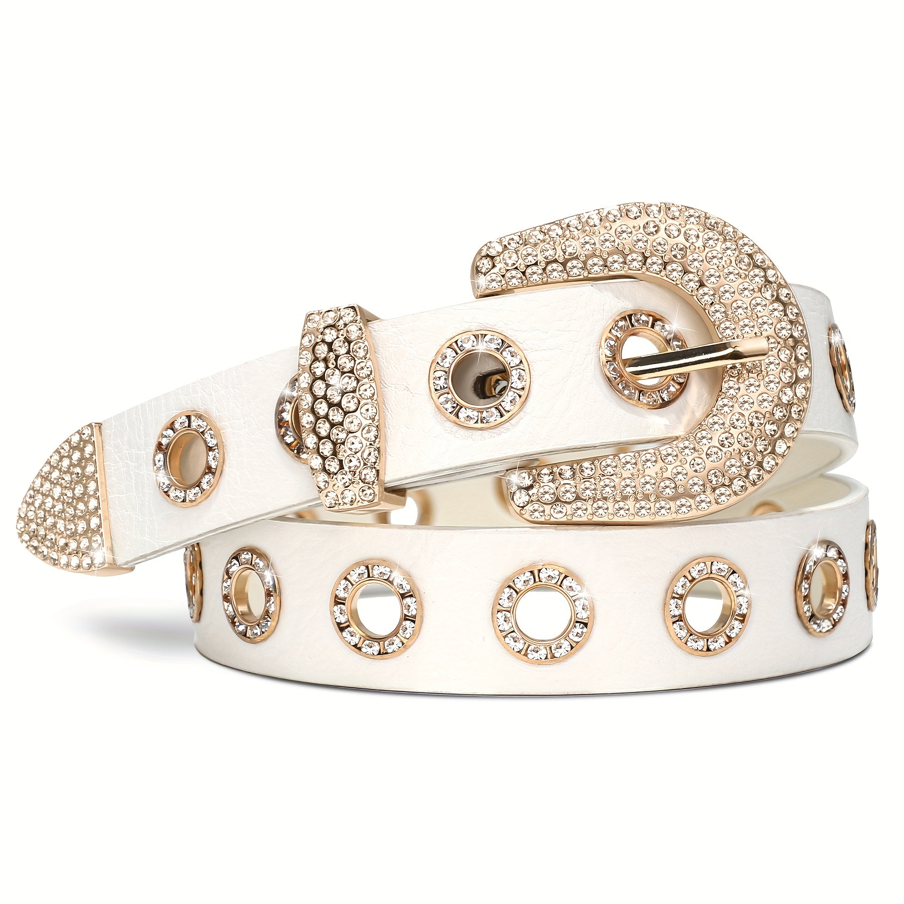 Faux Leather Belt with Studded Rhinestone Grommets