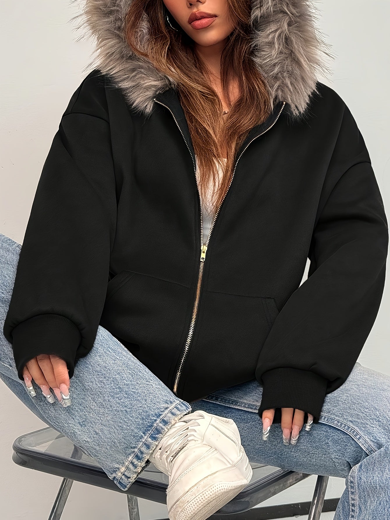 Women'S Hooded Jacket - Elegant Loose Fit Zip-Up Coat with Front Zipper Closure, Long Sleeve Outerwear for Fall/Winter, Chic Casual Outerwear for Everyday & Formal Events - Easy-Care Women'S Clothing, Ladies Winter Coats, Sea
