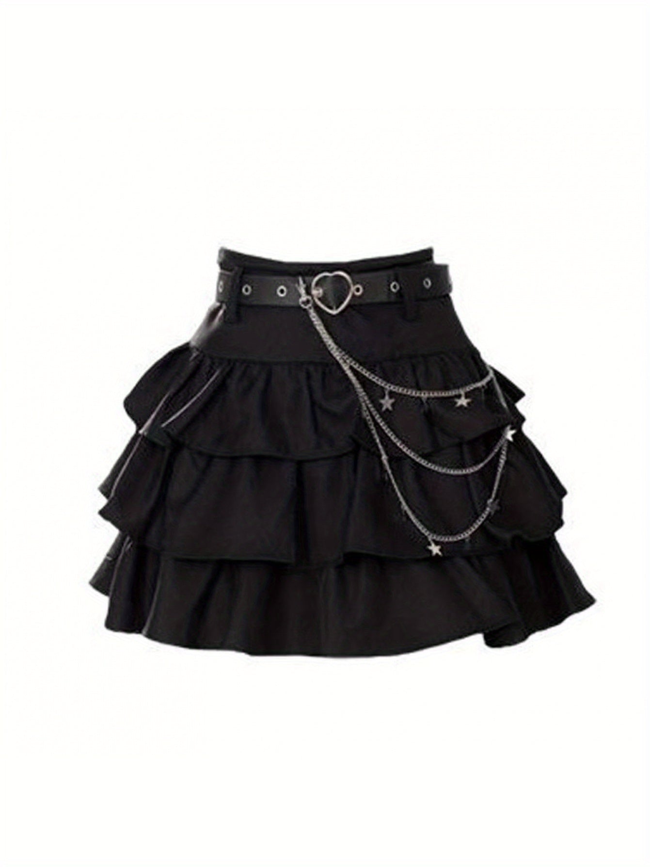 High-Waisted Flared A-Line Mini Skirt with Belt Buckle & Chain Strap