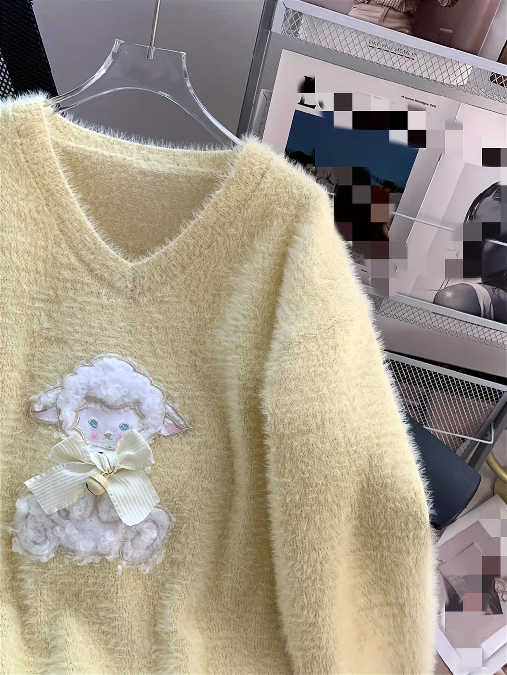 Soft Fluffy V-Neck Sweater Sweater with Lamb Appliqué
