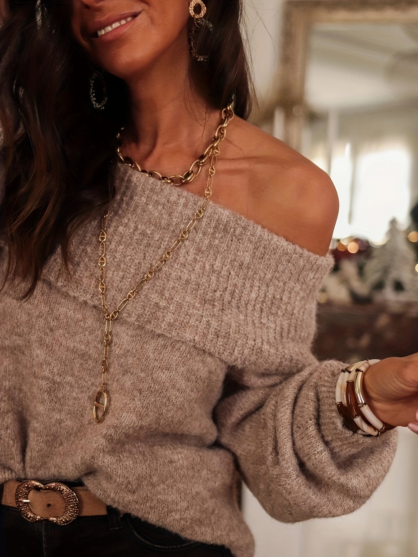 Women'S Chic Off-Shoulder Cardigan - Long Sleeve, Solid Color Beige, Drop Shoulder Design, Perfect for Spring/Fall Commute, Stylish Layering Piece|Minimalist Fashion| Texture