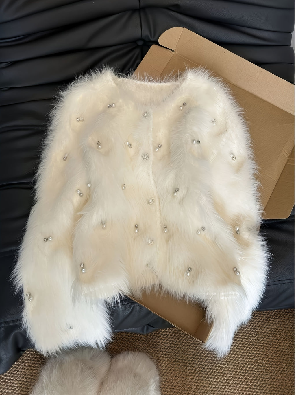 Pearl-Adorned White Sweater Jacket