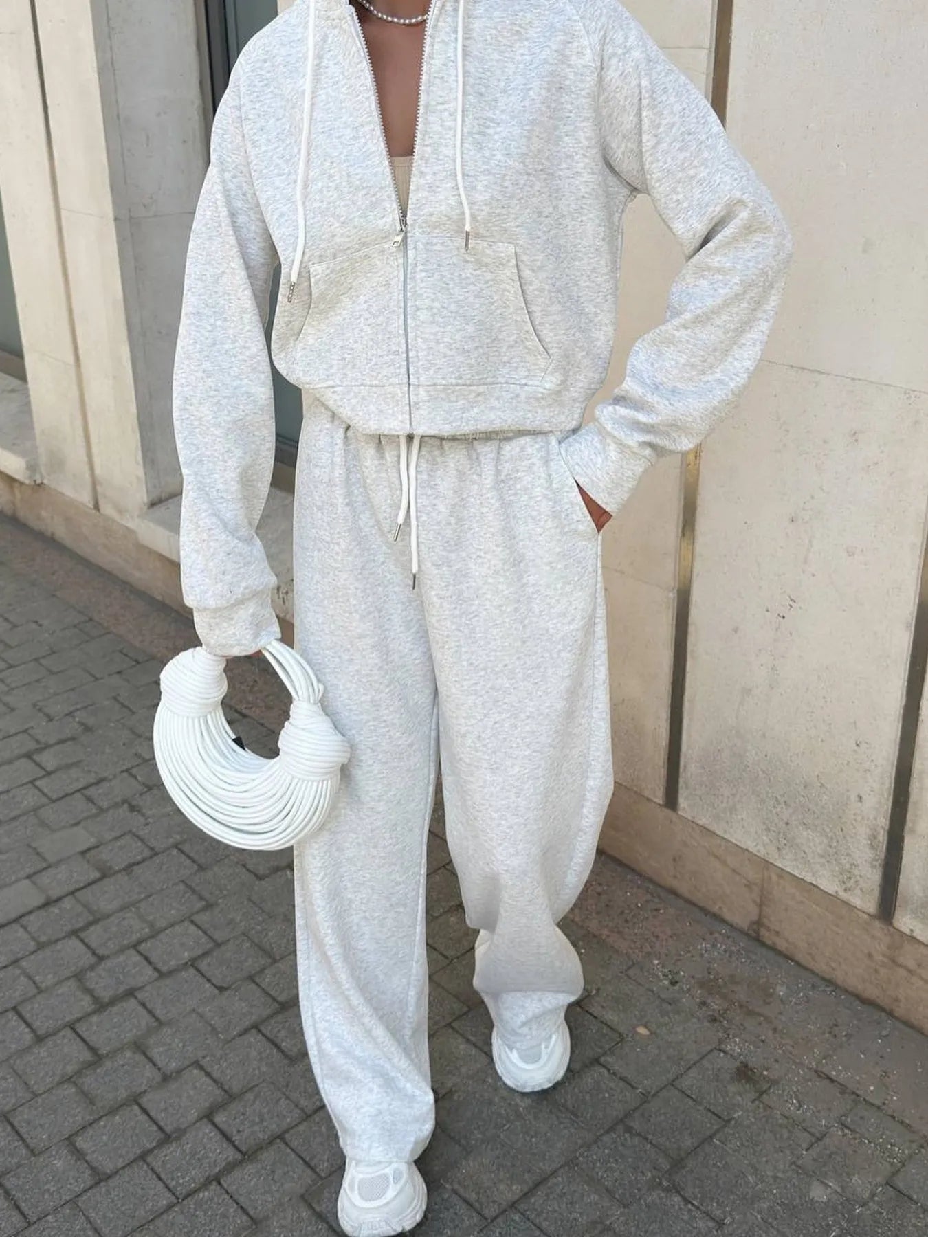 Zip Up Drawstring Hoodie and Pants Set