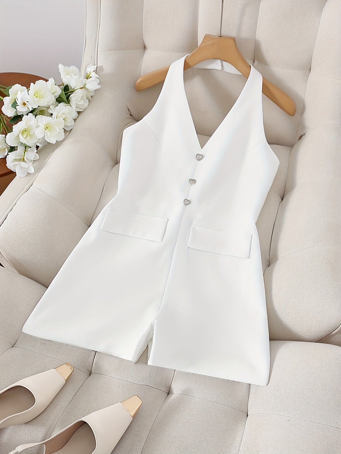 Vintage Fashion Elegant Heart Button Design Solid Color Cropped Dress Set of 2pcs