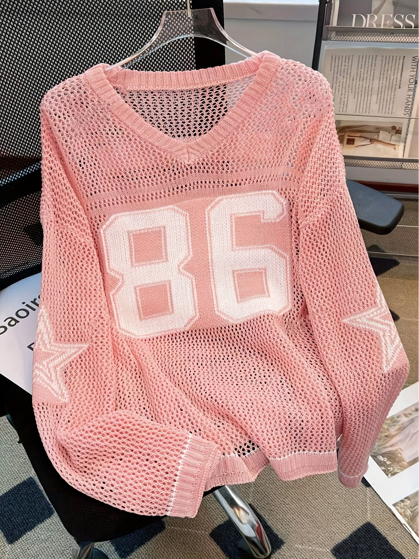 Women's Y2K Top - V-Neck Long Sleeve Mesh Blouse with 86 & Star Cut-Out Design, Breathable Black/White Contrast for Spring/Summer Casual Outfits, Cute Blouse, Versatile Clothing, Contrast Color Design