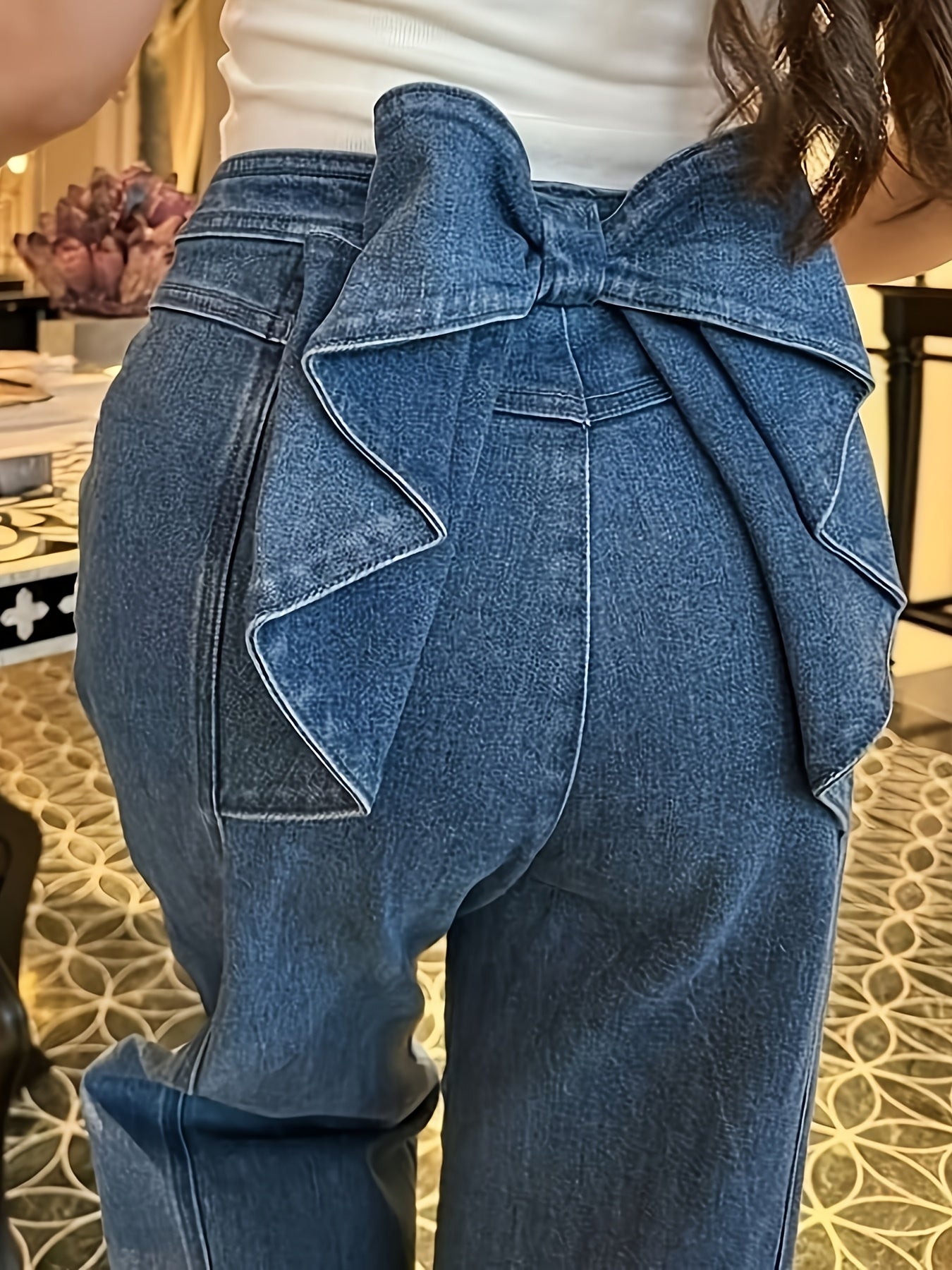 High-Waisted Wide-Leg Jeans with Oversized Back Bow