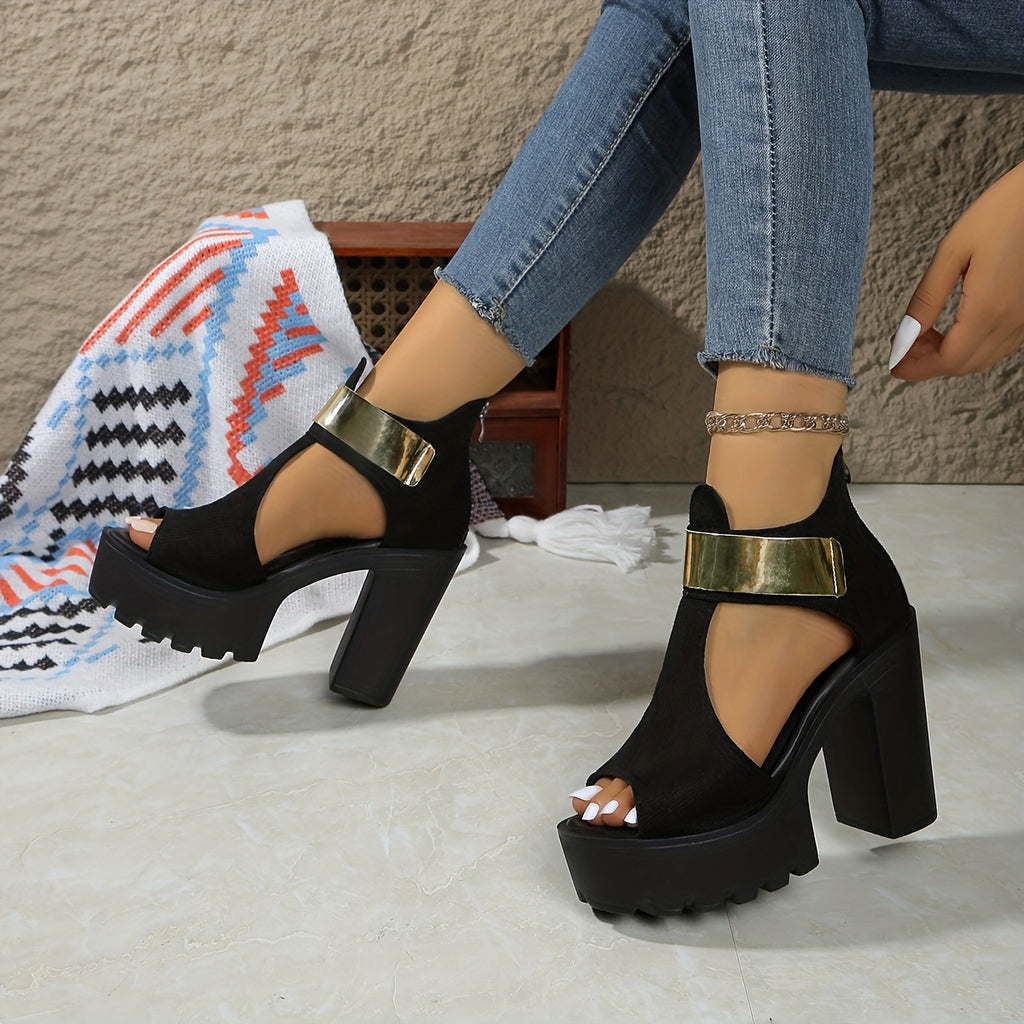 Elegant Roman Sandals - 4.33inch Chunky Heel Open-Toe Platform Shoes with Golden Straps & Ankle Support