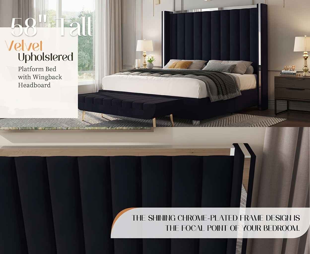 Modern Velvet Platform Bed with Channel Tufted Wingback Headboard