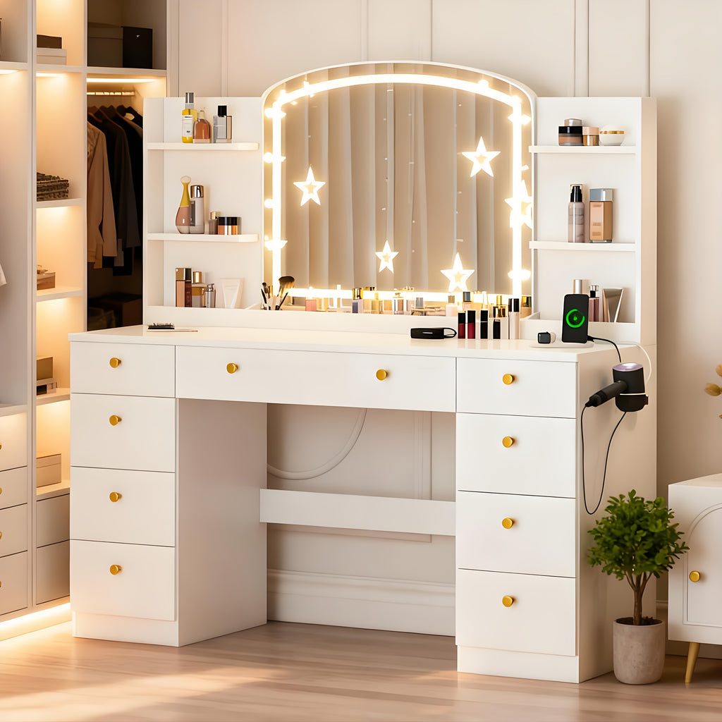Modern White Makeup Vanity Desk with Large LED Mirror & Charging Station