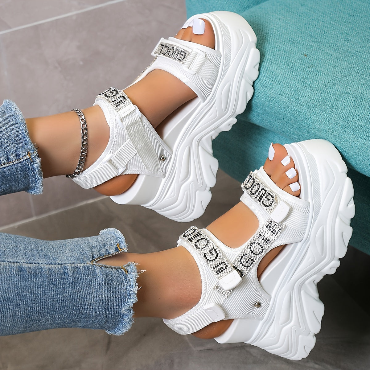 Women's Rhinestone Platform Sandals - Black Open Toe High Heel, Breathable Mesh Upper & PU Sole, Fashionable Summer Shoes with Closure for Casual or Party Wear, Casual Footwear | Rhinestone Embellishments, High Heel Sandals