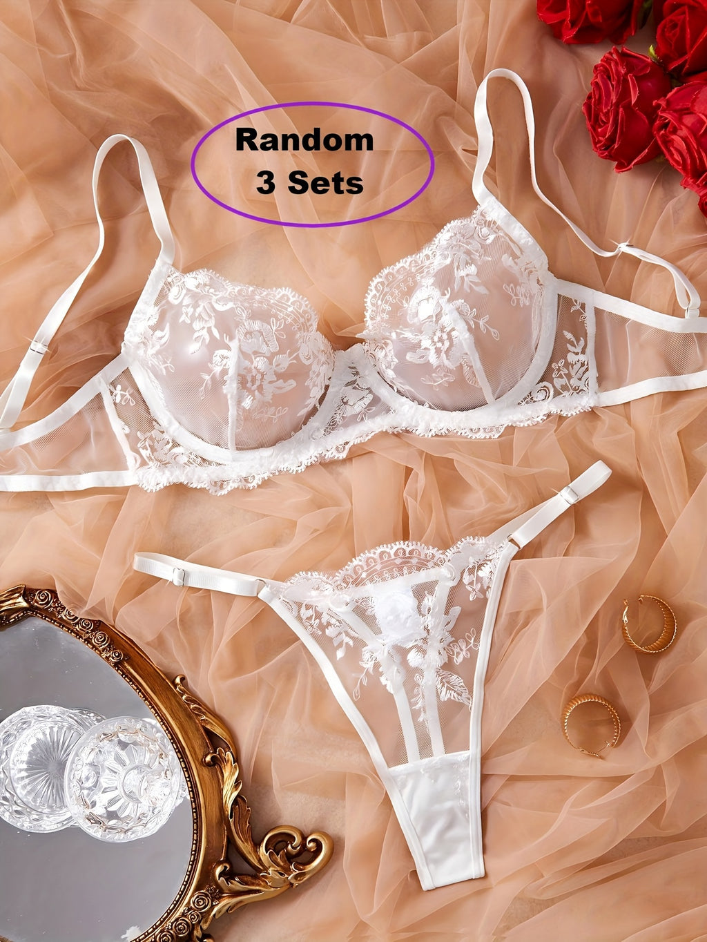 [3pcs} Floral Embroidery Lingerie