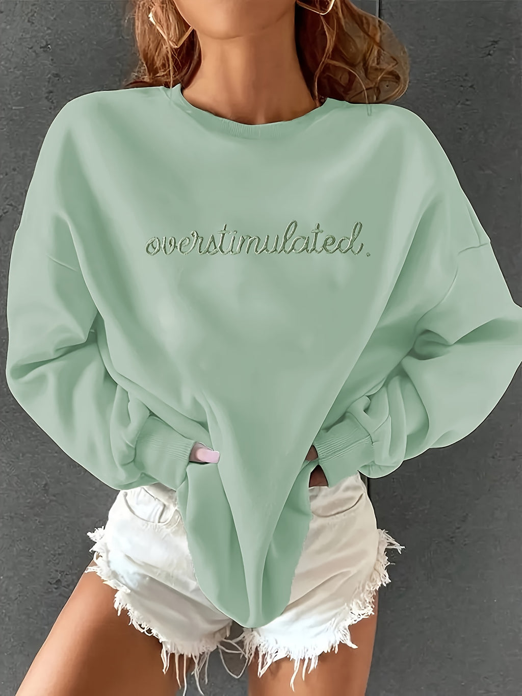 Women'S Sporty Casual Letter Print Crew Neck Sweatshirt - Cozy Fleece-Lined, Machine Washable, Black with "OVERSTIMULATED" Design, Perfect for Fall/Winter, Casual Sportswear | Relaxed Fit Sweatshirt | Machine Washable Top, Sw