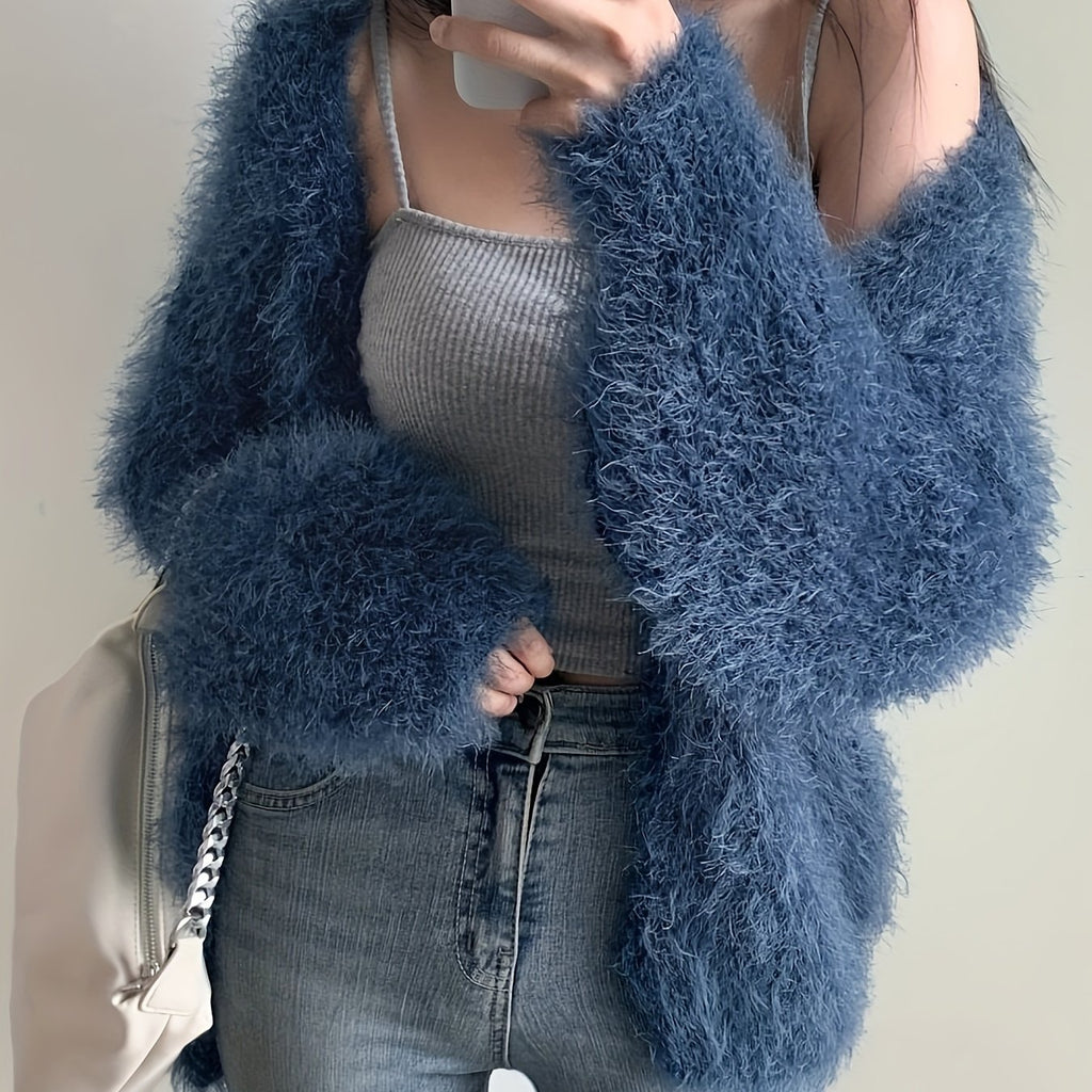 Women's Cozy V-Neck Sweater Coat Imitation Mink Cardigan - Loose Fit Long Sleeve Medium Stretch Fall Winter Casual Outerwear, Cute Sweater, Seasonal Wardrobe, Relaxed Silhouette, Soft Fabric, Casual Attire