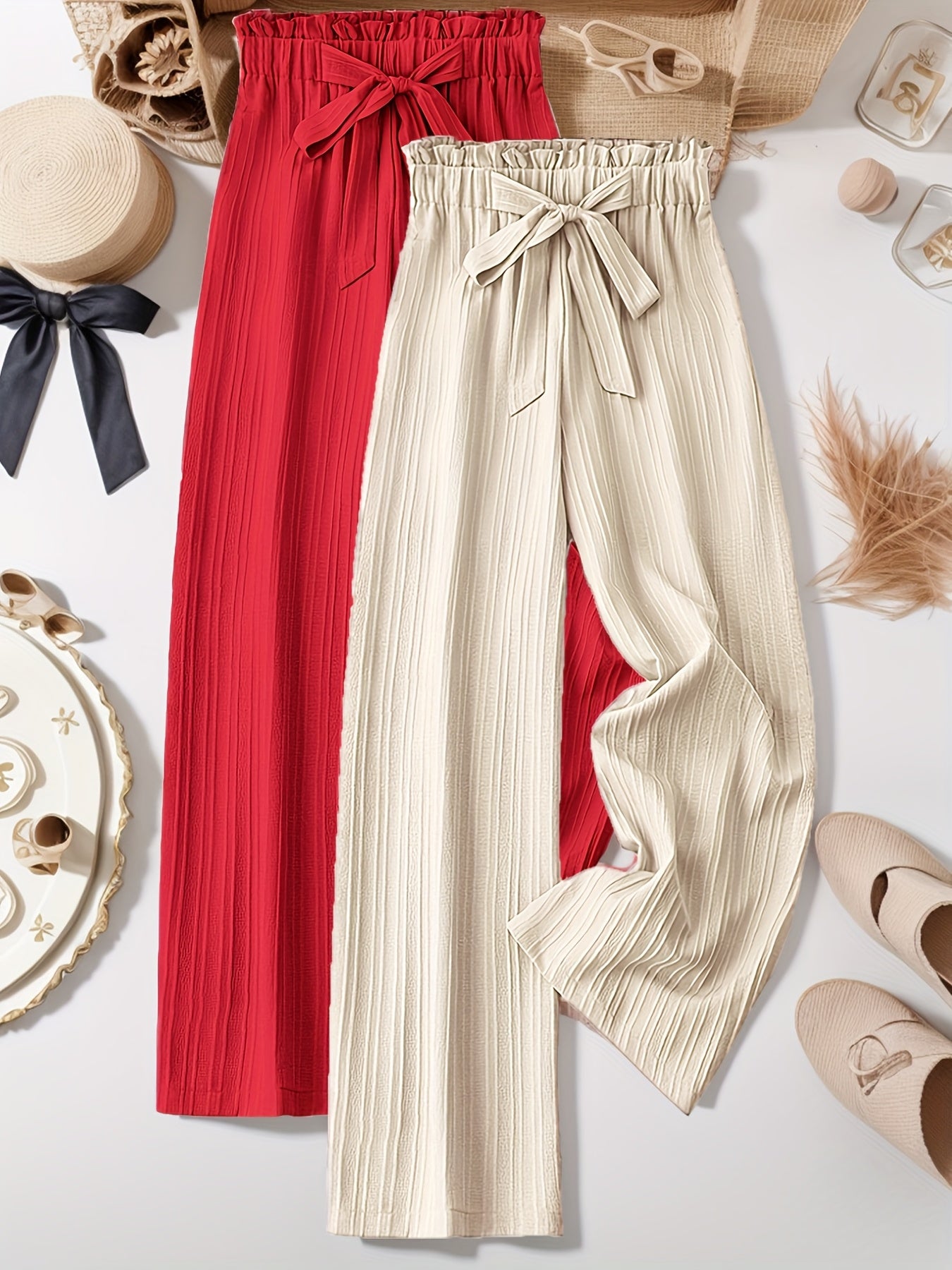 Two-Pack Pleated Striped Pants with Bow Detail