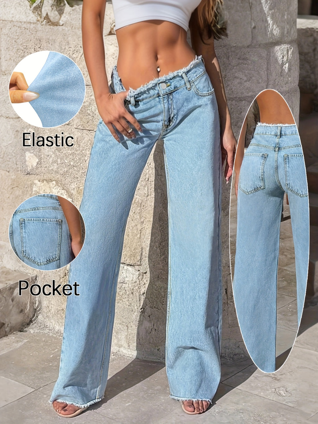 High-Waisted Wide-Leg Distressed Denim Jeans