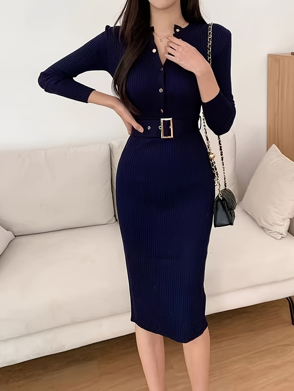 Women'S Elegant Korean Style Sweater Dress - Long Sleeve A-Line Skirt with Back Slit, Stretchy High-Waisted Mid-Length Winter Dress, Soft Fabric For Fall/winter, Casual To Formal Wear, Winter Dresses, Formal Winter Wear, Soph