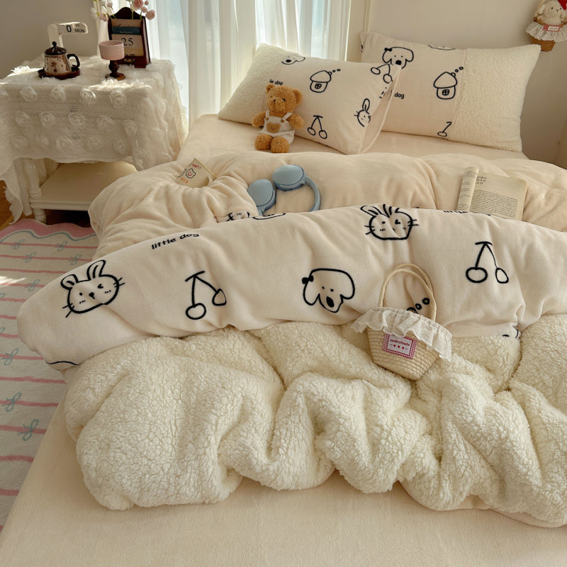 {3/4pcs} Cartoon Lambskin + Milk Velvet Set