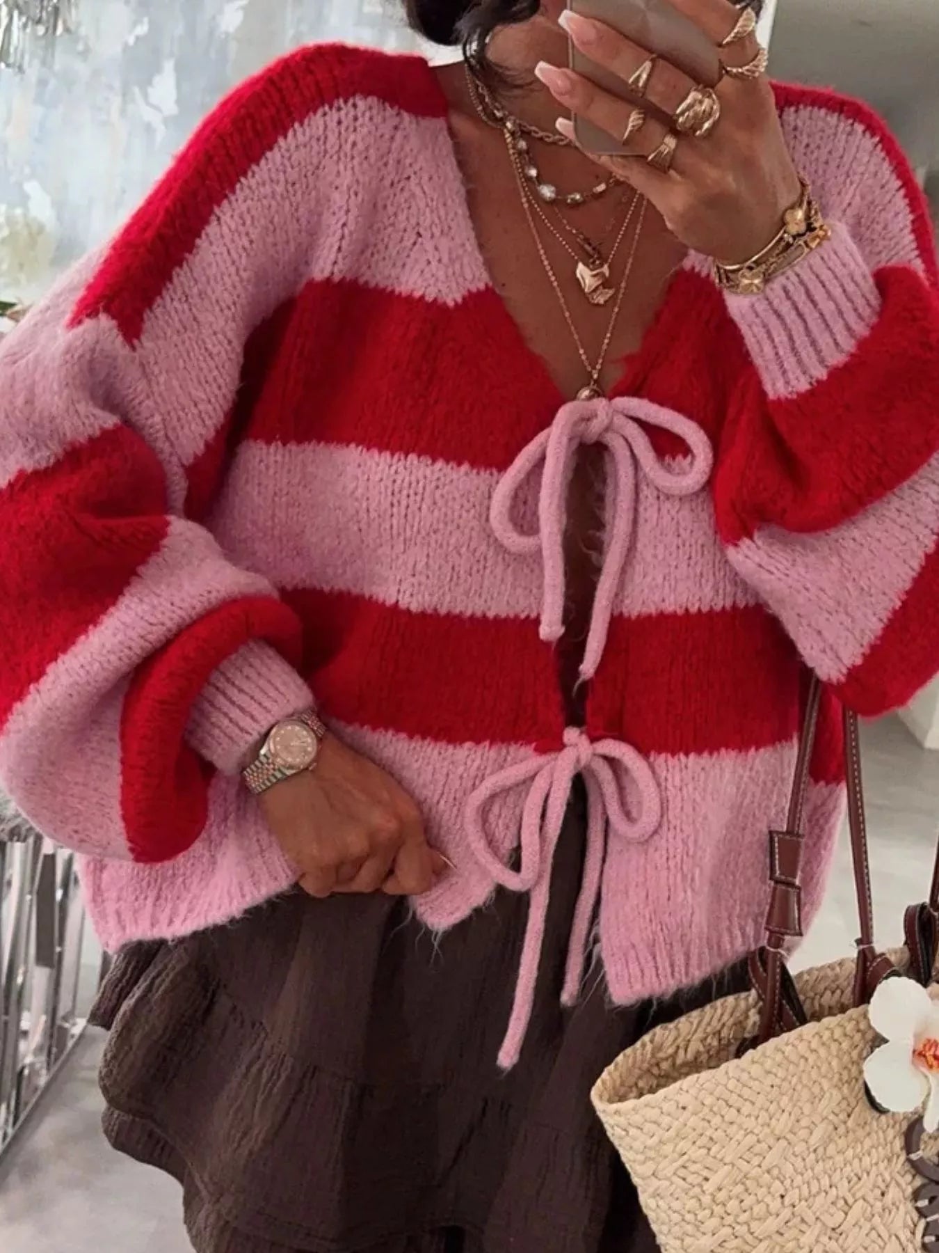 Striped Tie-Front Knit Cardigan