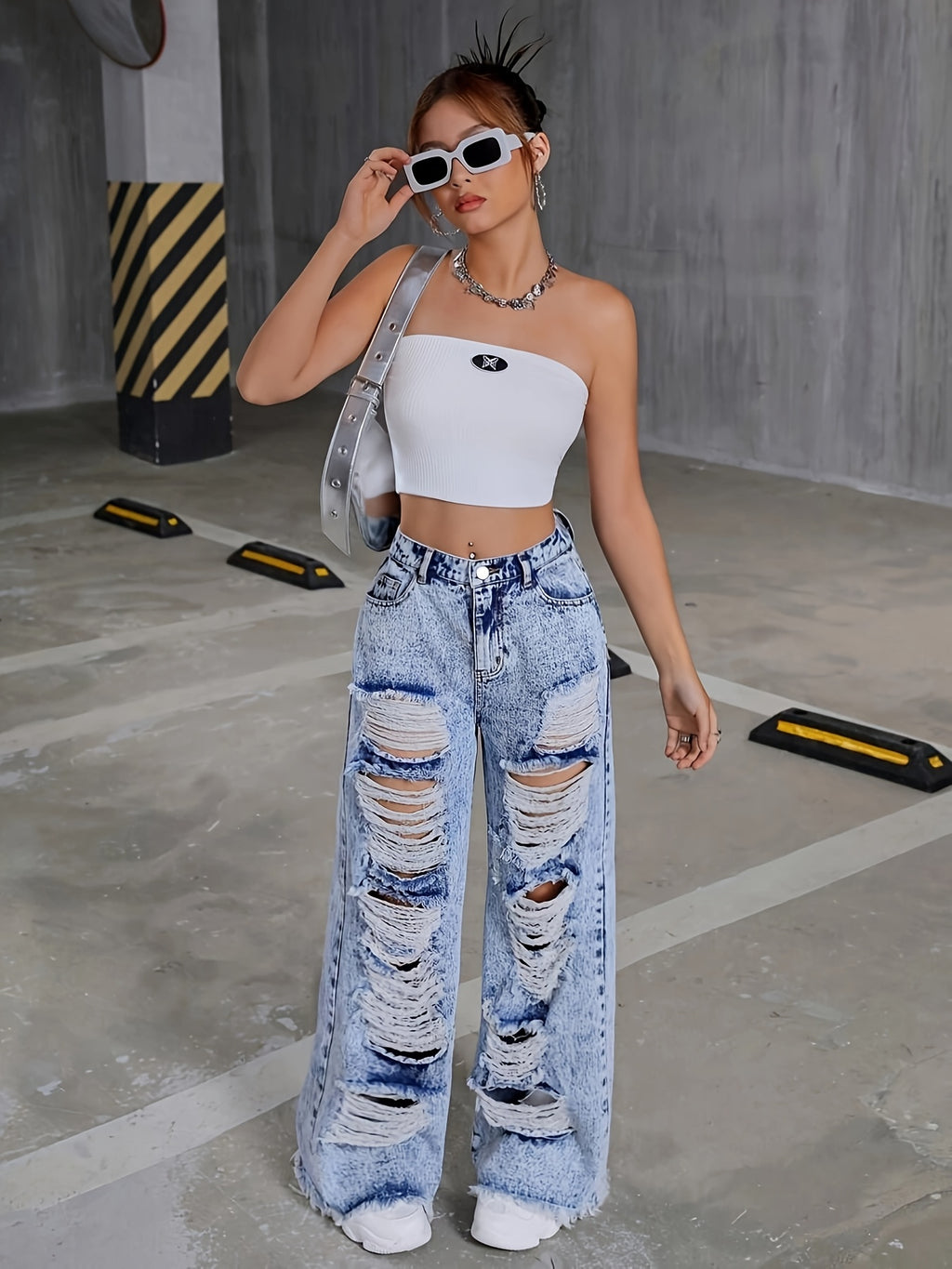 Women'S High-Rise Straight Leg Distressed Denim Jeans - Street Style Raw Hem Ripped Details, Machine Washable Non-Stretch Jeans for All-Season Casual Wear, High Waisted Jeans, Allseason Jeans, Streetstyle Jeans, Nonstretch Fa