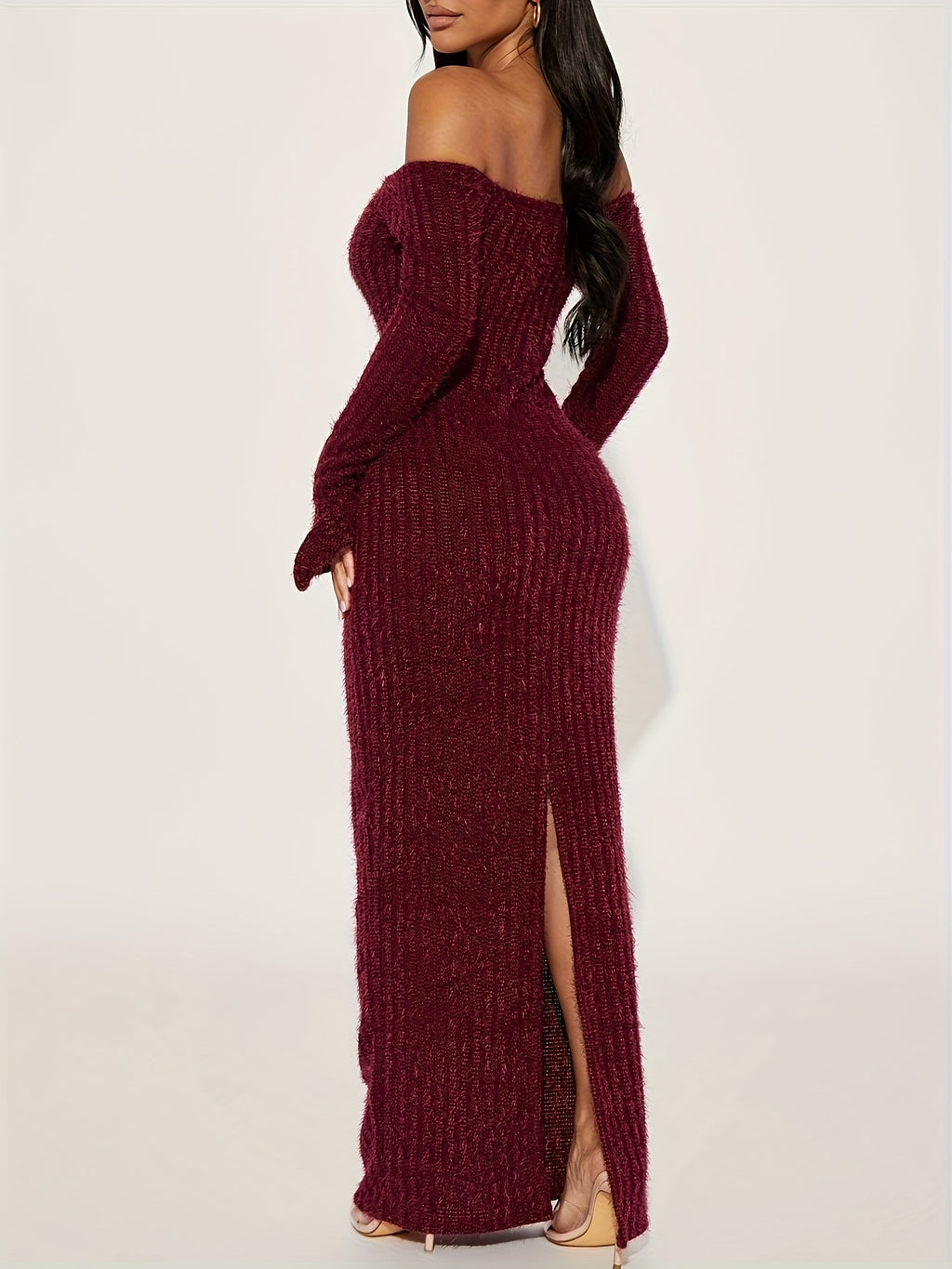 Off-the-Shoulder Burgundy Fuzzy Bodycon Dress
