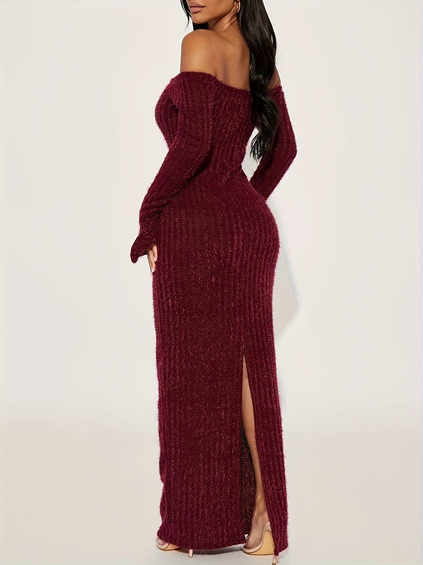 Off-the-Shoulder Burgundy Fuzzy Bodycon Dress