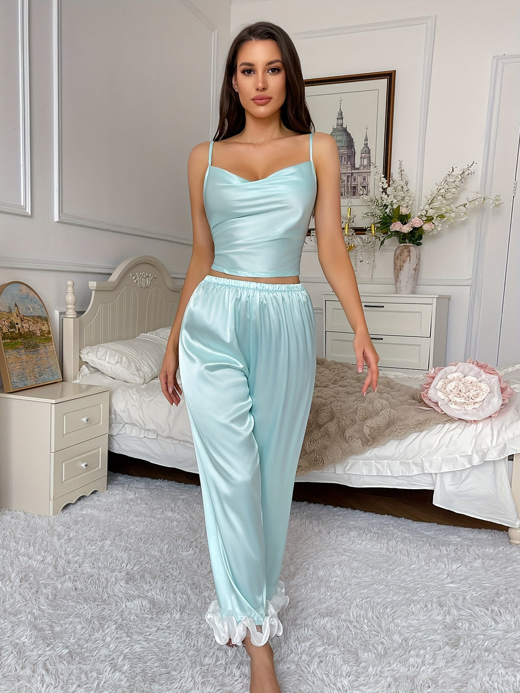 Satin Tie-Back Lace Comfortable Camisole Pajamas and Long Pants