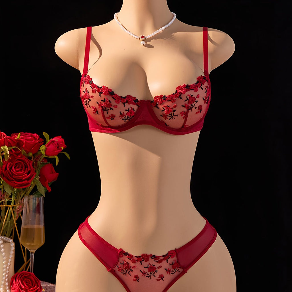 Classic Burgundy Floral Mesh Embroidered Lingerie Set