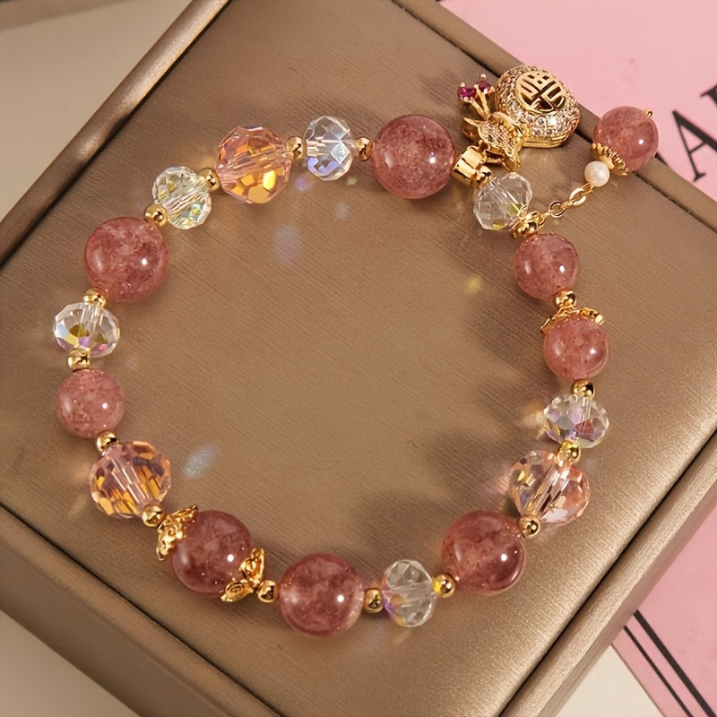 Pink Beaded Bracelet with Cute Golden Beads