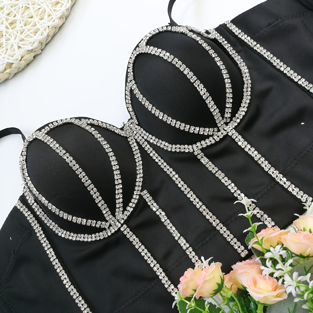 #8185 French Design Sleeveless Vest, Niche Shaping Underwear for Women, Fishbone Top with Studs and Shiny Rhinestones, Women'S Group Tightening Wrap Chest