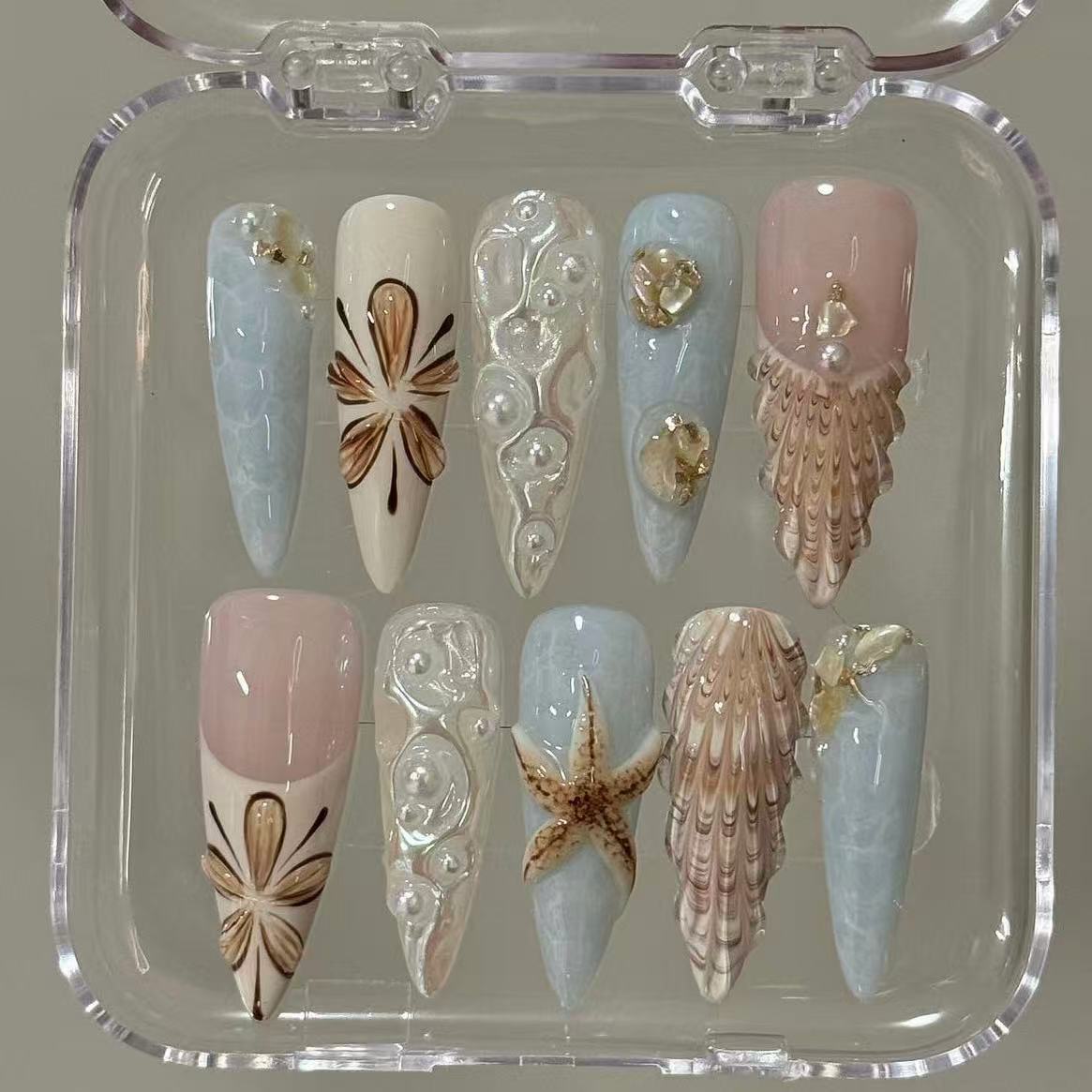 10 Full-Cover Nail Stickers Reusable Starfish And Shells