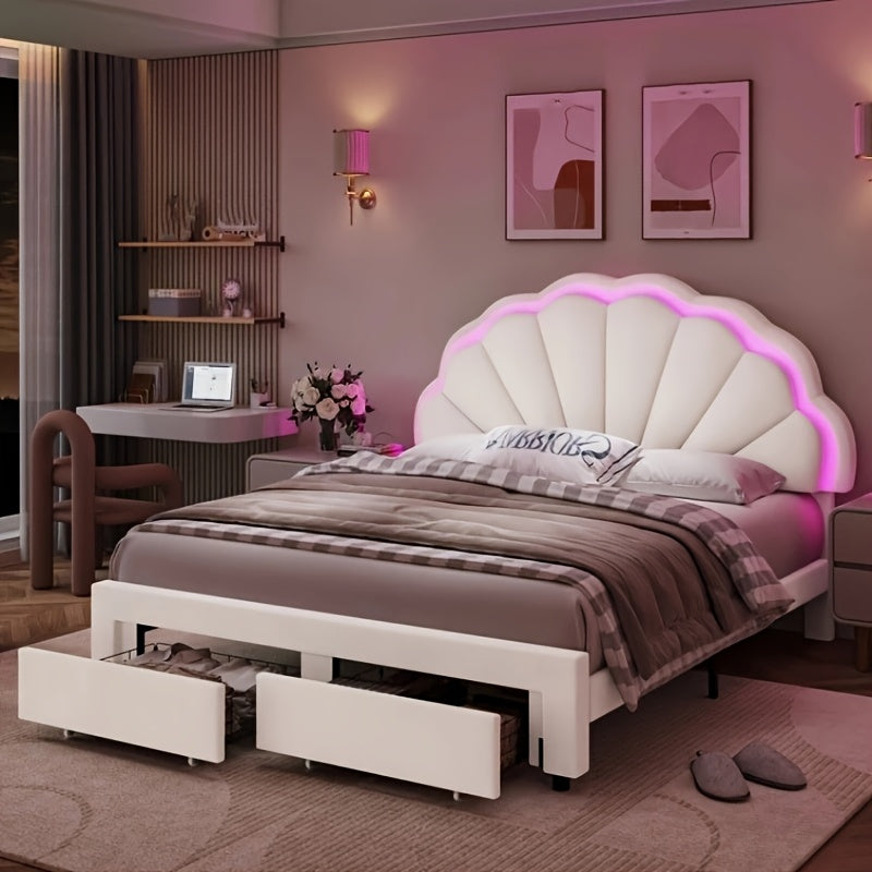 Velvet Upholstered Platform Bed With Adjustable Floral Headboard