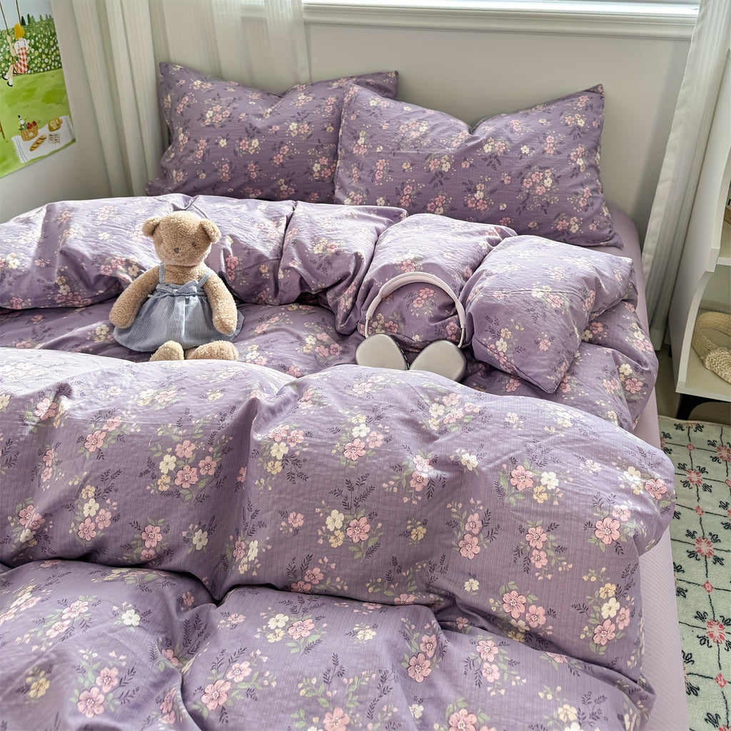 Hibiscus Pattern Fresh Style 4pcs Bedding Set (1 Duvet Cover + 1 Fitted Sheet + 2 Pillowcases)