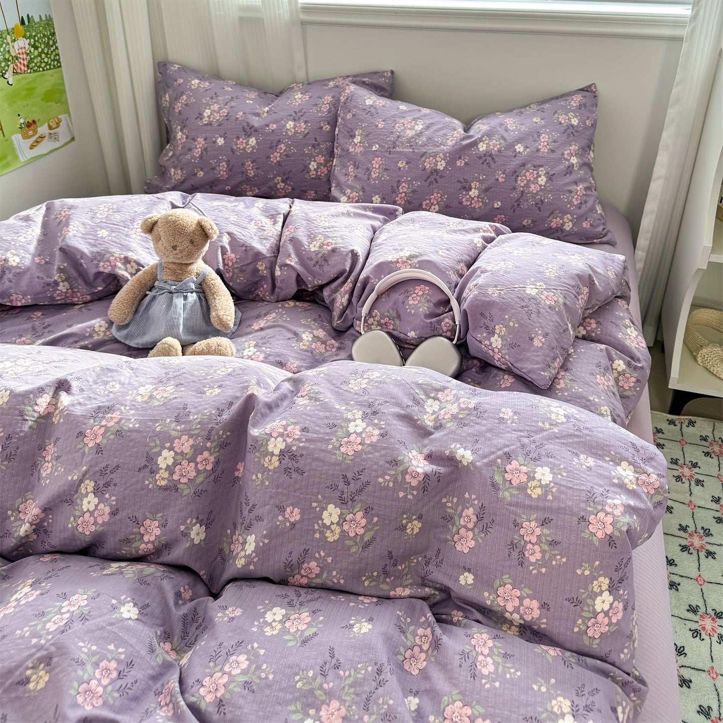 Hibiscus Pattern Fresh Style 4pcs Bedding Set (1 Duvet Cover + 1 Fitted Sheet + 2 Pillowcases)