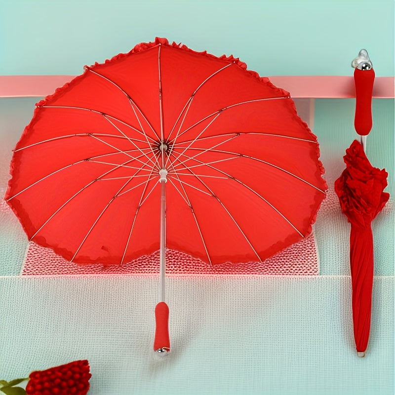 1pc Heart-Shaped Red Lace Umbrella with Floral Design - 16-Rib Manual Open/Close, Durable Plastic & Aluminum Alloy Frame, for Women, Perfect for Beach, Beach Umbrella