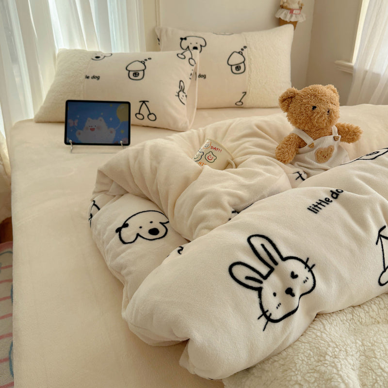 {3/4pcs} Cartoon Lambskin + Milk Velvet Set