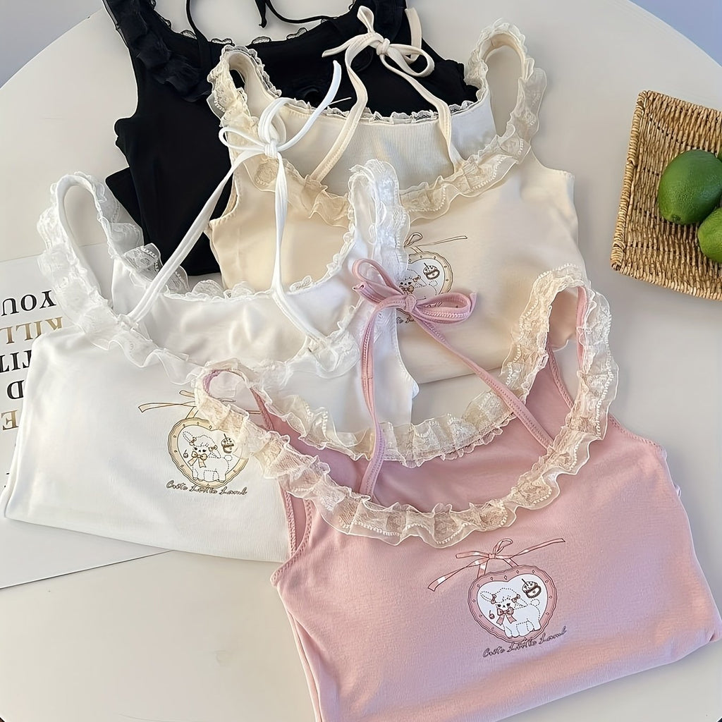 {4pcs} Cute Little Lamb Lace Trim Sleeveless Spaghetti Strap Tops with Built-in Bra Pads