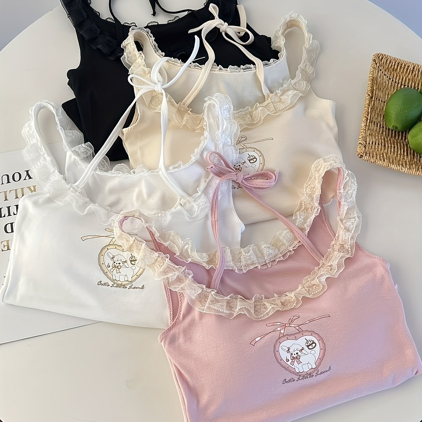 {4pcs} Cute Little Lamb Lace Trim Sleeveless Spaghetti Strap Tops with Built-in Bra Pads